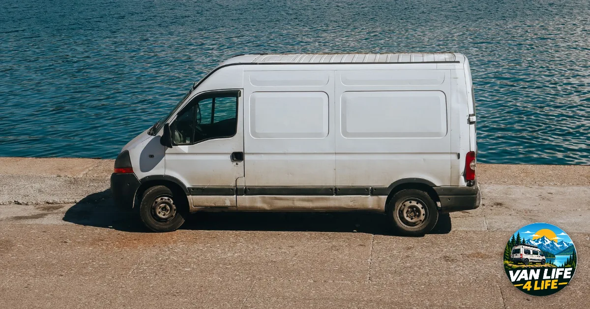 Van to convert: a plain white used panel van parked by the sea
