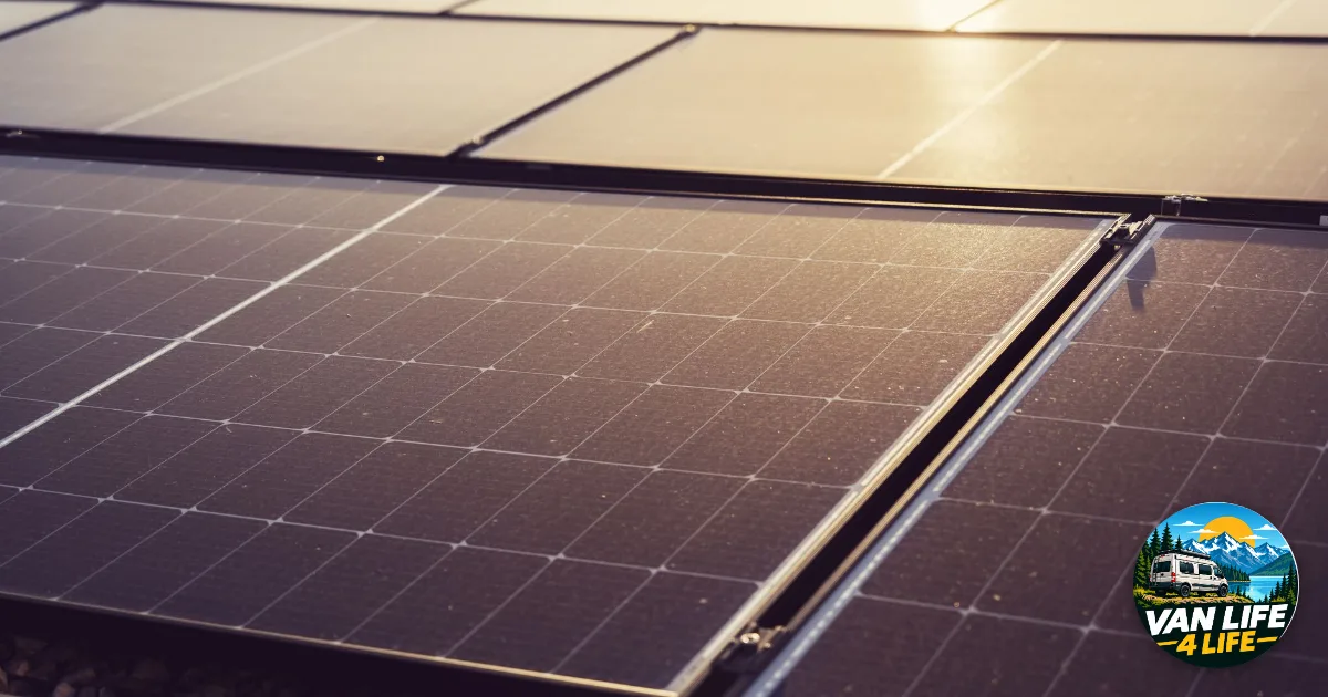 Solar power panels in close-up under sunlight, like those fitted on a van roof
