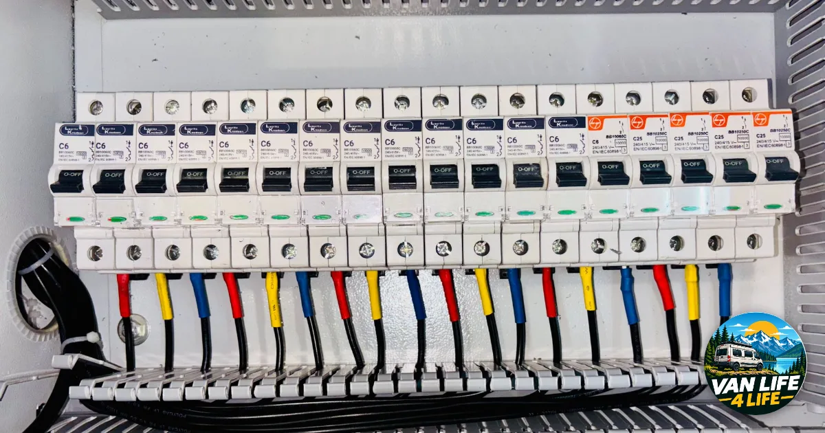 Wiring diagram brought to life: tidy breaker panel with colour-coded cables
