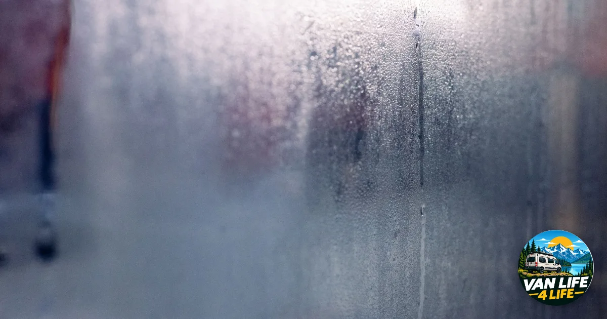 Condensation dans un van : gouttelettes d'eau sur une vitre embuée