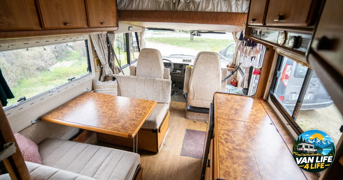Van conversion interior with wooden units, bench seating and a dining table