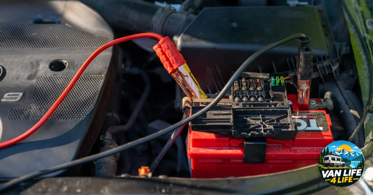 Booster de charge et batterie moteur sous le capot avec câbles rouges branchés