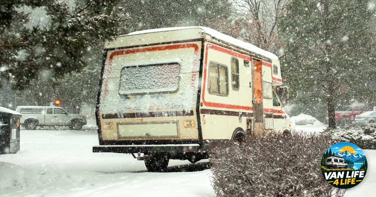 Diesel heater weather: a converted camper parked in heavy falling snow