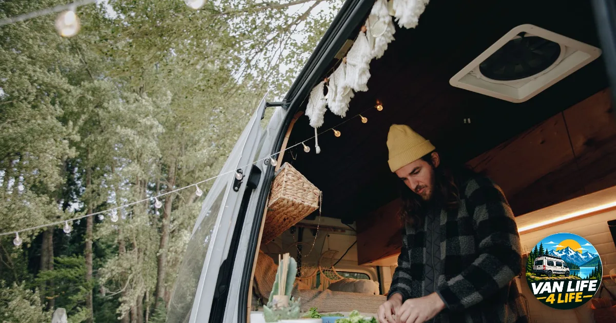 Compressor fridge territory: a campervan kitchen where a traveller prepares food