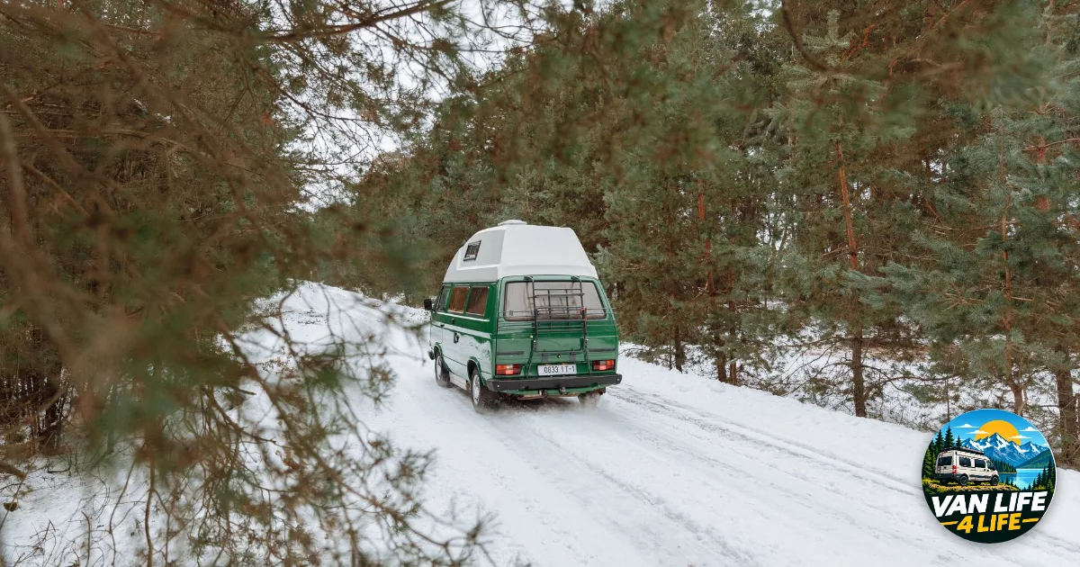 Winter van life: a camper van driving along a snowy forest road