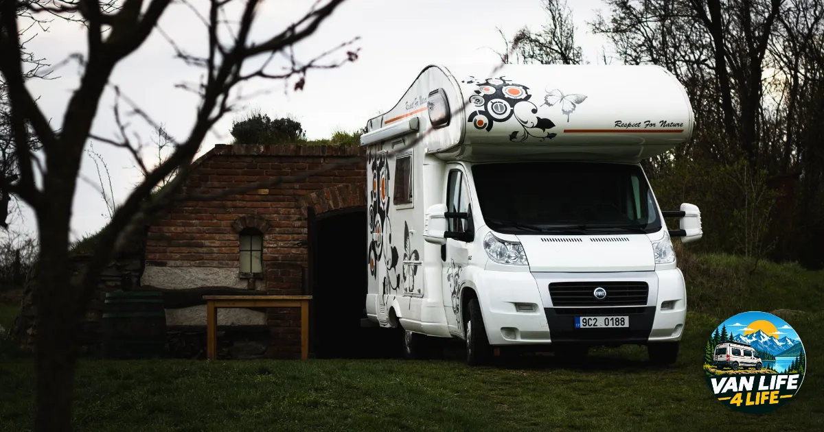 VASP registration in France: white Fiat-based motorhome parked by a brick shed