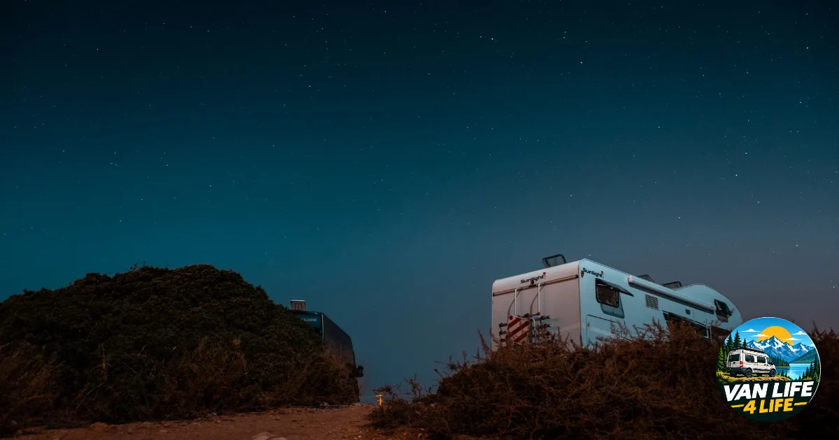 Dormir en van sous un ciel étoilé : camping-car garé sur une colline la nuit
